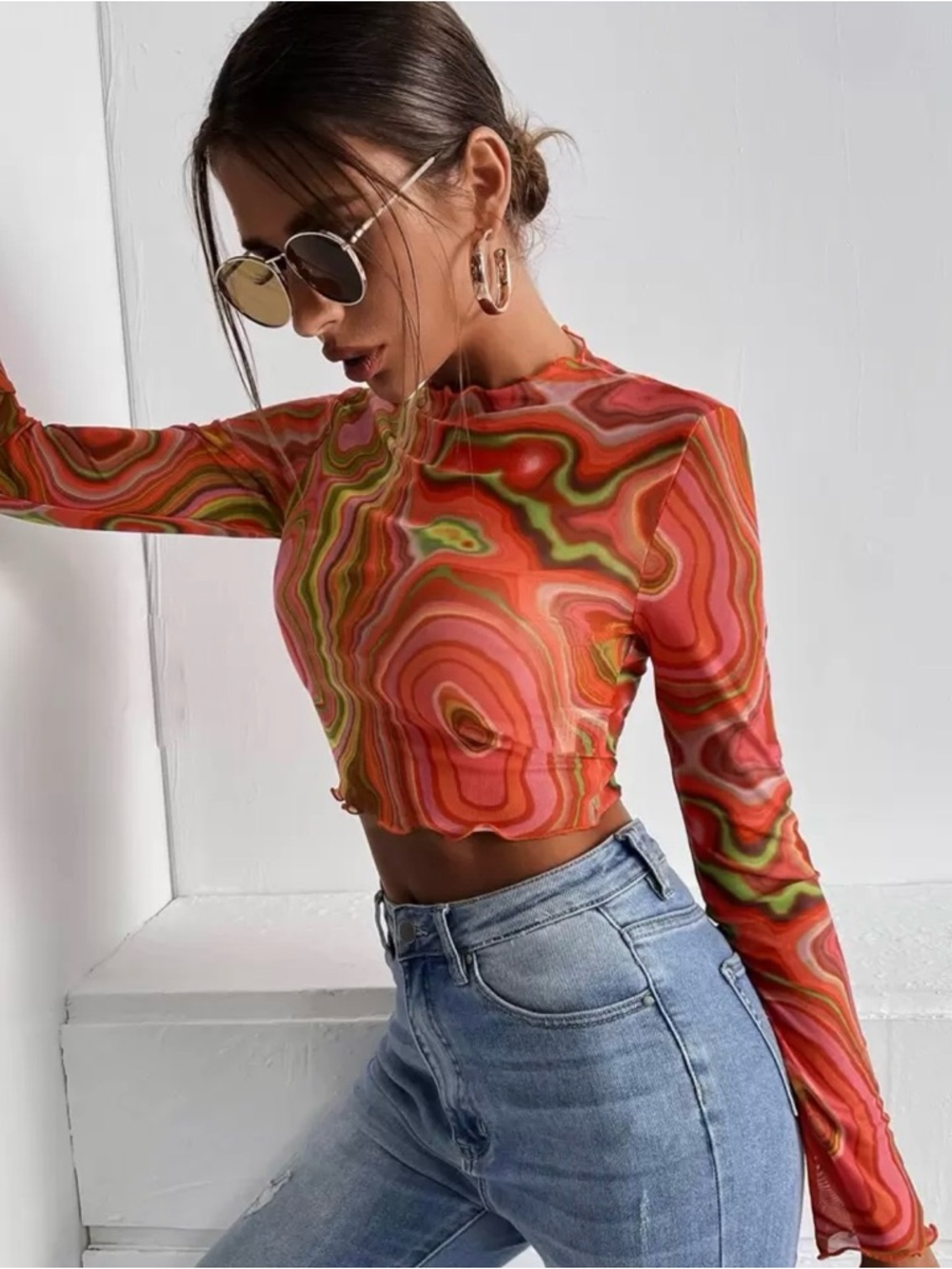 SHEIN Pink & Green Swirl Long Sleeve Crop Top